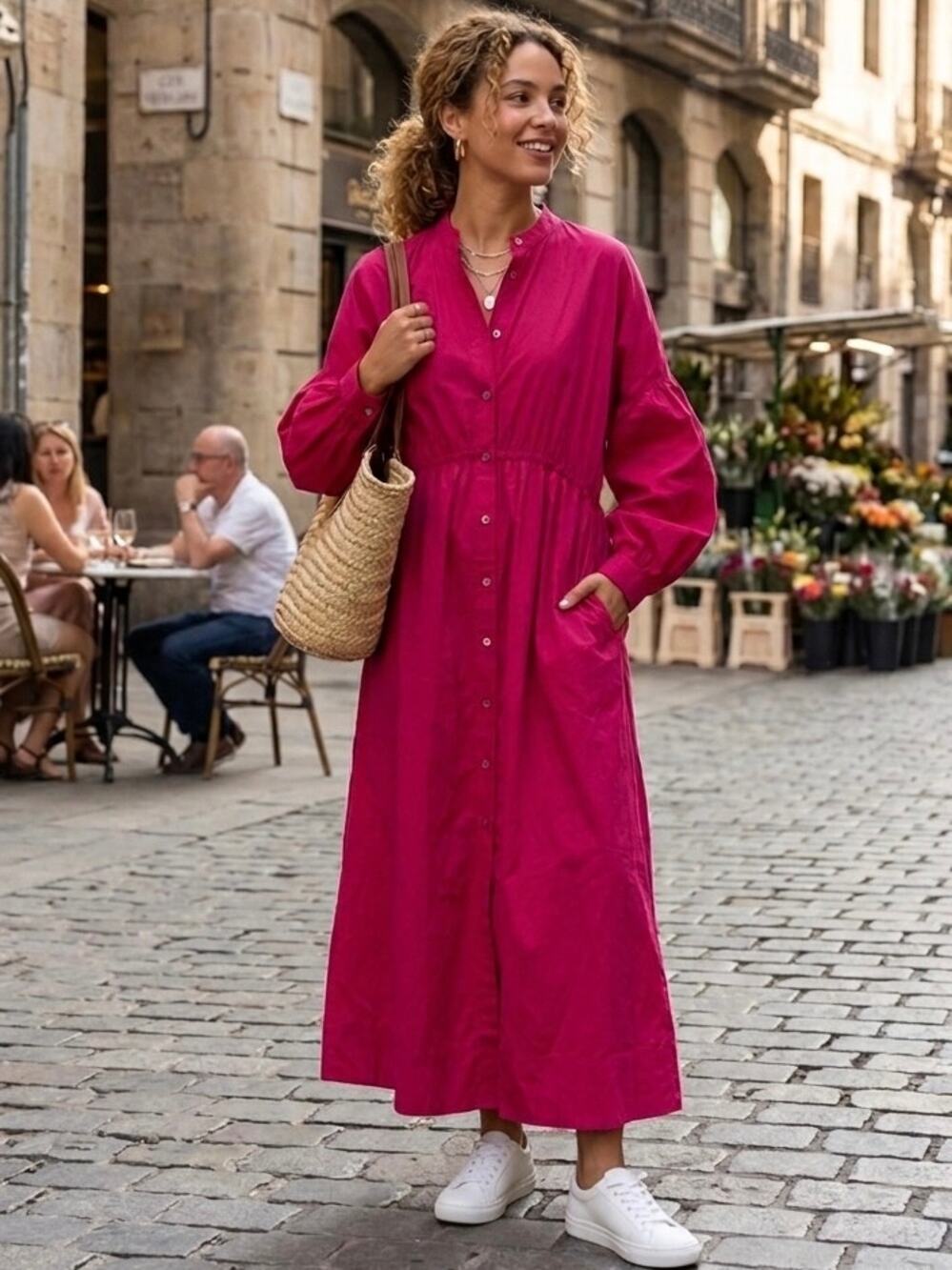 CO Collection Long Sleeve Maxi Dress Cotton Blend In Hot Pink Size L